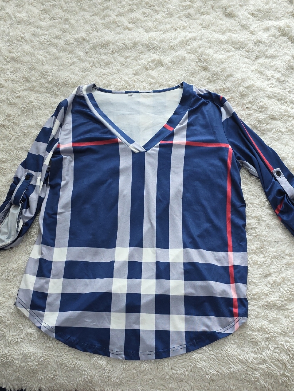 Navy Plaid V-Neck Roll-Sleeve Top